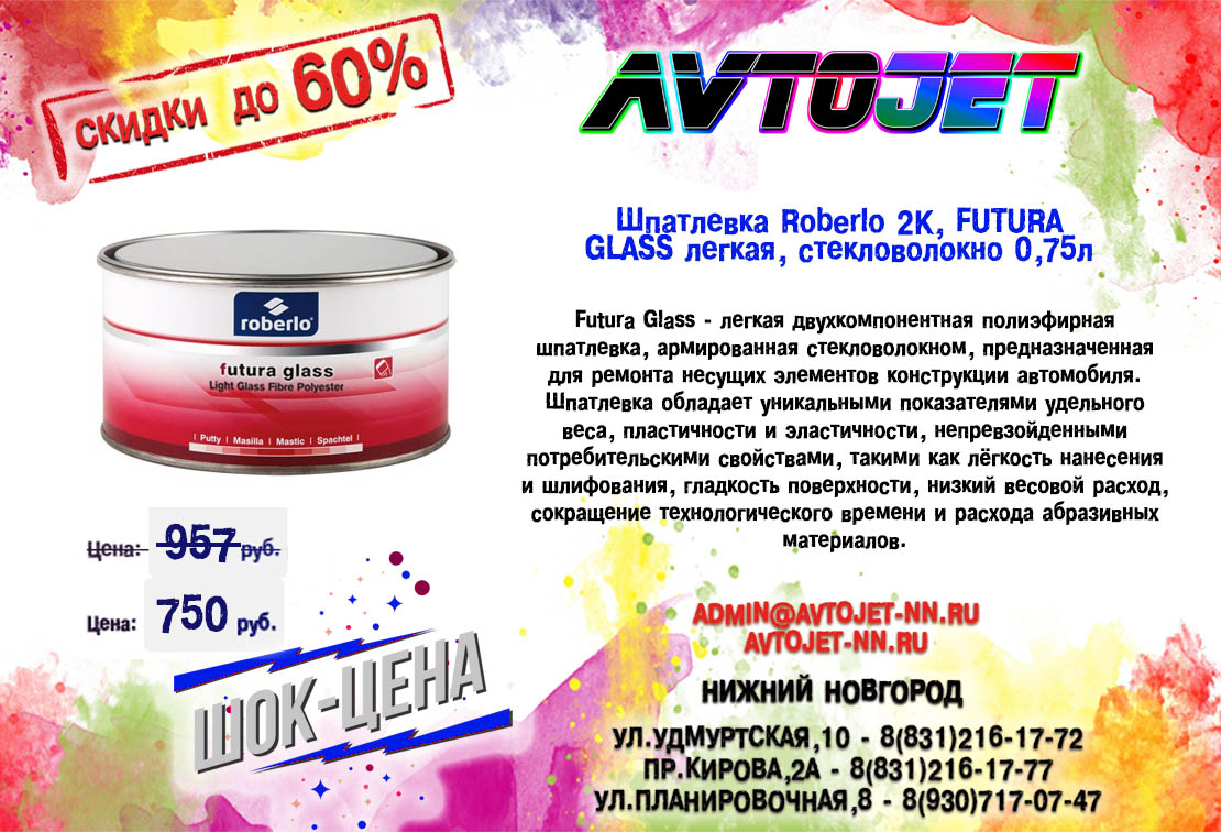 Шпатлевка Roberlo 2K, FUTURA GLASS легкая, стекловолокно 0,75л по  супер-цене! Акция завершена